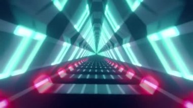 Bir tünel oluşturma metalik parlayan dönen neon üçgenler ile uçan, mavi kırmızı pembe mor spektrum, floresan ultraviyole ışık, modern renkli aydınlatma, 4k sorunsuz döngü animasyon