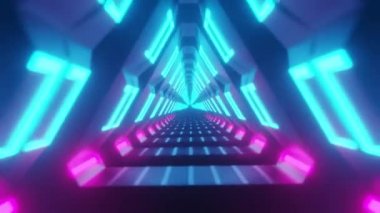 Bir tünel oluşturma metalik parlayan dönen neon üçgenler ile uçan, mavi kırmızı pembe mor spektrum, floresan ultraviyole ışık, modern renkli aydınlatma, 4k sorunsuz döngü animasyon