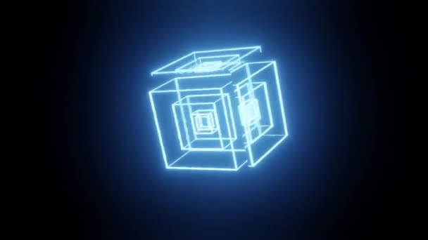 Cubo de neón brillante giratorio, luz ultravioleta fluorescente, lazo inconsútil abstracto 3d renderizar fondo geométrico — Vídeo de stock