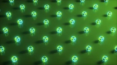 Geometrik şekillerin soyut neon 3d render. Bilgisayar oluşturulan döngü animasyonu. Modern renkli lazer aydınlatma arka plan, sorunsuz 4k döngü hareket tasarımı