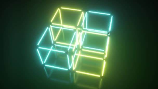 Quatro girando brilhante cubo de néon, luz ultravioleta fluorescente, espectro amarelo verde, loop sem costura abstrato 3D renderizar fundo geométrico — Vídeo de Stock