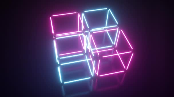 Quatro girando brilhante cubo de néon, luz ultravioleta fluorescente, azul vermelho rosa espectro violeta, loop sem costura abstrato 3D renderizar fundo geométrico — Vídeo de Stock