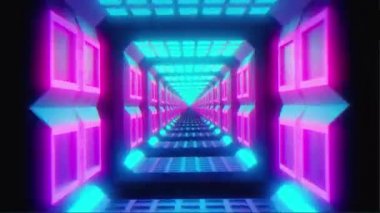 Retro Fütüristik, Kareler metal bir koridorda uçan,, 80s Retro Sci-fi. Floresan ultraviyole ışık, modern renkli aydınlatma, 4k döngü animasyon