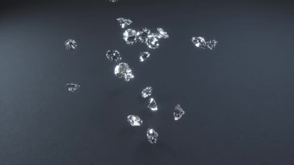 Renderização 3D, diamantes caindo e batendo na superfície da textura cinza em câmera lenta — Vídeo de Stock