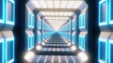 Bir tünel oluşturma parlayan dönen neon kareler ile uçan, mavi kırmızı pembe mor spektrum, floresan ultraviyole ışık, modern renkli aydınlatma, 4k döngü animasyon