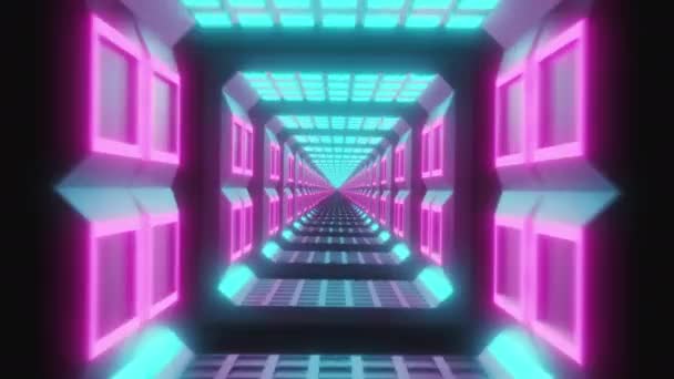 Volando a través de brillantes cuadrados de neón girando creando un túnel, espectro violeta rosa rojo azul, luz ultravioleta fluorescente, iluminación colorida moderna, animación de bucle 4k — Vídeo de stock