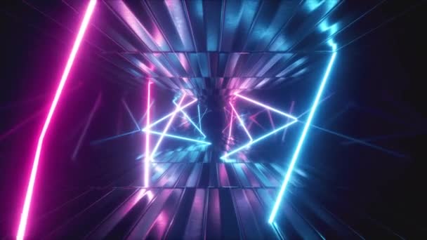 3d render, abstract metallic texture virtual reality tunnel. Futuristic motion graphic. Ultra violet neon light glow, fluorescent light. Flying forward corridor. Seamless loop 4k CG 3d animation — Stock Video