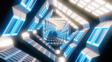 Bir tünel oluşturma parlayan dönen neon kareler ile uçan, mavi kırmızı pembe mor spektrum, floresan ultraviyole ışık, modern renkli aydınlatma, 3d illüstrasyon