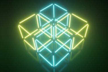 Dört dönen parlayan neon küp, floresan ultraviyole ışık, çok renkli spektrum, soyut 3d illüstrasyon geometrik arka plan