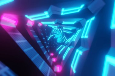 Bir tünel, renkli spektrum, floresan ultraviyole ışık, modern renkli aydınlatma, 3d illüstrasyon oluşturma metalik parlayan dönen neon üçgenler ile uçan