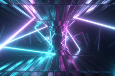 3d illüstrasyon, soyut metalik doku sanal gerçeklik tüneli. Fütüristik hareket grafiği. Ultraviyole neon ışık parıltısı, floresan ışık. Uçan ileri koridor.