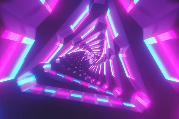 Flyger genom metallisk glödande roterande neontrianglar skapa en tunnel, färgglada spektrum, fluorescerande ultraviolett ljus, modern färgglad belysning, 3D-illustration — Stockfoto