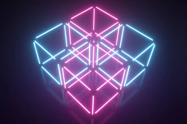 Cuatro cubo de neón brillante giratorio, luz ultravioleta fluorescente, espectro multicolor, fondo geométrico abstracto de la ilustración 3D — Foto de Stock