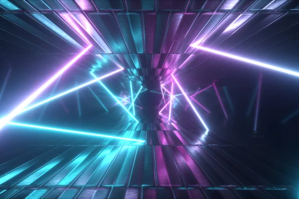 Ilustração 3d, textura metálica abstrata túnel de realidade virtual. Gráfico de movimento futurista. Luz de néon ultravioleta, luz fluorescente. Corredor para a frente . — Fotografia de Stock