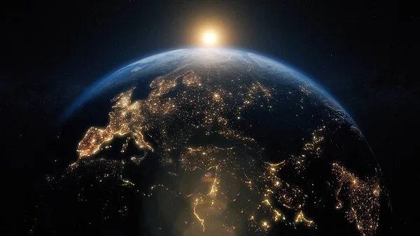 Πλανήτης γη από το διάστημα. Όμορφος κόσμος στην Ανατολή του ηλίου. Η εικόνα περιέχει χώρο, πλανήτη, γαλαξία, αστέρια, κόσμο, θάλασσα, γη, ηλιοβασίλεμα, υδρόγειο. εικονογράφηση 3D. Εικόνες από τη NASA — Φωτογραφία Αρχείου