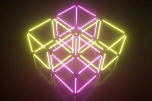Quatro girando brilhante cubo de néon, luz ultravioleta fluorescente, espectro multicolorido, abstrato ilustração 3D fundo geométrico — Fotografia de Stock