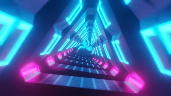 Flyger genom metallisk glödande roterande neontrianglar skapa en tunnel, färgglada spektrum, fluorescerande ultraviolett ljus, modern färgglad belysning, 3D-illustration — Stockfoto