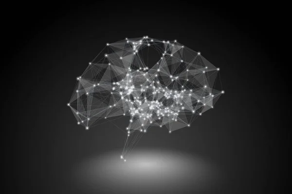 Intelligenza artificiale AI, linee digitali e punti luminosi che creano la struttura del cervello umano collegato illustrazione 3d — Foto Stock