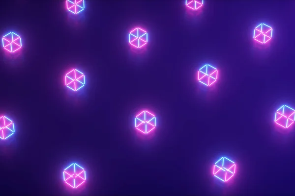 Streszczenie Neon 3D ilustracji kształtów geometrycznych. Generowane komputerowo. Nowoczesne kolorowe oświetlenie laserowe tło, projekt ruchu — Zdjęcie stockowe