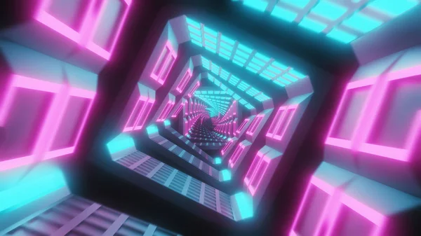 Flying keresztül izzó spinning neon négyzetek létre egy alagút, kék vörös rózsaszín lila spektrum, fluoreszkáló ultraibolya fény, modern színes világítás, 3D illusztráció — Stock Fotó