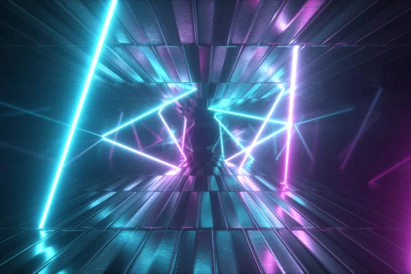 3d ilustración, abstracta textura metálica túnel de realidad virtual. Gráfico de movimiento futurista. Luz de neón ultravioleta, luz fluorescente. Corredor delantero volador . — Foto de Stock