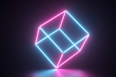 Bir küp oluşturan soyut parlayan neon çizgiler, mavi kırmızı spektrum, floresan ultraviyole ışık, modern renkli aydınlatma, 3d illüstrasyon