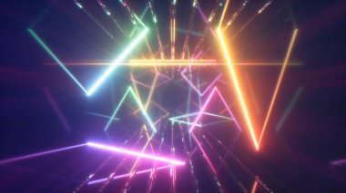 Bir tünel, çok renkli spektrum, modern renkli aydınlatma, 3d illüstrasyon oluşturma parlayan neon hatları ile Uçan