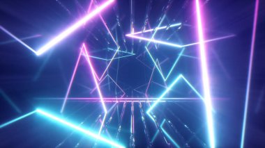 Bir tünel oluşturma parlayan neon hatları ile uçan, mavi kırmızı pembe mor spektrum, floresan ultraviyole ışık, modern renkli aydınlatma, 3d illüstrasyon