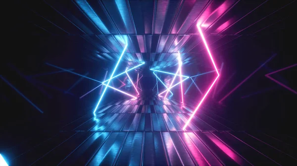 3d ilustración, abstracta textura metálica túnel de realidad virtual. Gráfico de movimiento futurista. Luz de neón ultravioleta, luz fluorescente. Corredor delantero volador . —  Fotos de Stock