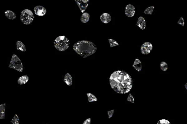 Falling shining diamonds 3d illustration on black isolated background — Stock Photo, Image