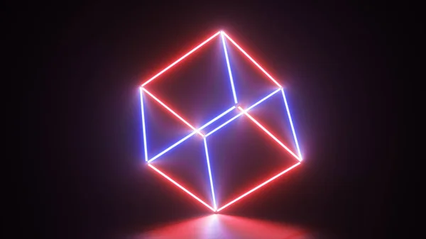 Абстрактные неоновые линии, создающие куб, сине-красный спектр, флуоресцентный ультрафиолетовый свет, современная цветовая подсветка, 3D иллюстрация — стоковое фото