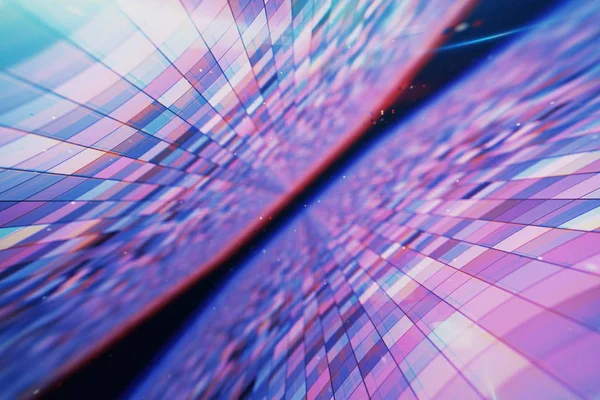 Volando en un espacio abstracto con brillantes plazas intermitentes, azul rojo rosa violeta espectro, luz ultravioleta fluorescente, iluminación colorida moderna, ilustración 3d — Foto de Stock
