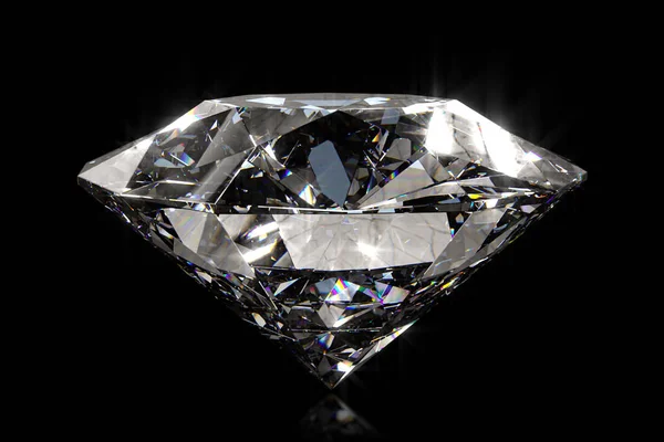 Vacker stor kristallklar glänsande rundskuren diamant, roterar mot en svart spegel isolerad bakgrund. Stäng sido läget. 3D-illustration — Stockfoto