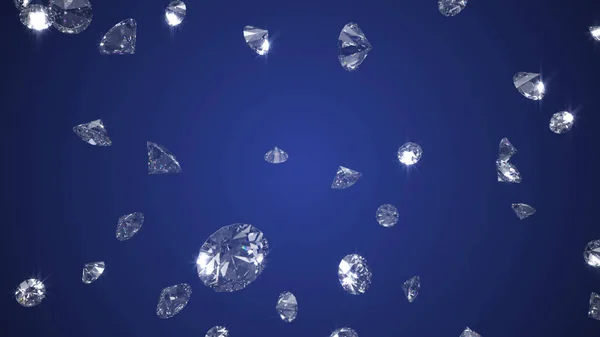 Padající zářící diamanty 3D ilustrace na modrém pozadí — Stock fotografie