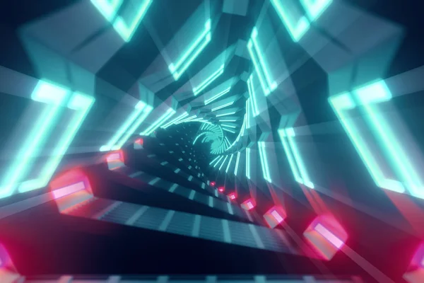 Voando através de triângulos de néon rotativos brilhantes metálicos criando um túnel, espectro colorido, luz ultravioleta fluorescente, iluminação colorida moderna, ilustração 3D — Fotografia de Stock
