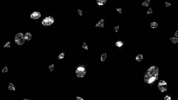 Padající zářící diamanty 3D ilustrace na černém izolovaném pozadí — Stock fotografie