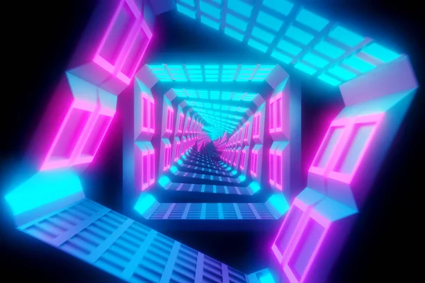 Flyger genom glödande spinning Neon torg skapa en tunnel, blå röd rosa violett spektrum, fluorescerande ultraviolett ljus, modern färgglad belysning, 3D illustration — Stockfoto