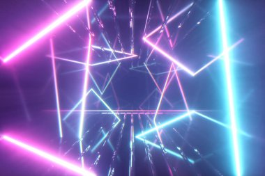 Bir tünel oluşturma parlayan neon hatları ile uçan, mavi kırmızı pembe mor spektrum, floresan ultraviyole ışık, modern renkli aydınlatma, 3d illüstrasyon