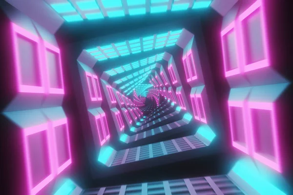 Flyger genom glödande spinning Neon torg skapa en tunnel, blå röd rosa violett spektrum, fluorescerande ultraviolett ljus, modern färgglad belysning, 3D illustration — Stockfoto