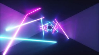 Uçan fütüristik koridor, sorunsuz döngü 4 k arka plan, parlak renkli lazer neon florasan ultraviyole ışık soyut hat, geometrik sonsuz tünel, mavi pembe spektrum, 3d render