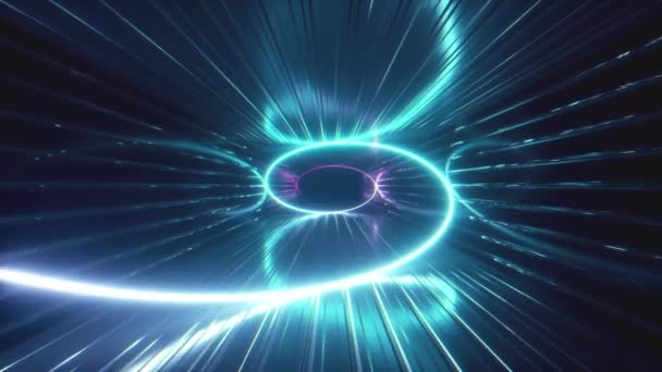 Abstract neon background. 3d render neon ultraviolet spiral spreads along the metal corridor. Hypnotic spiral, blue red pink purple spectrum, seamless loop 4k animation — Stock Video