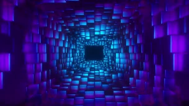 Volar abstracto en corredor futurista, fondo de bucle 4k sin costura, luz ultravioleta fluorescente, túnel geométrico sin fin, espectro rosa azul, renderizado 3d. Pared de bloques cuadrados se mueve — Vídeo de stock