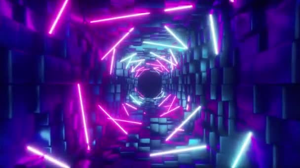 Abstrakcja w futurystyczny korytarza, Płynna pętla 4k tło, jarzeniowe światło ultrafioletowe, świecącą neon kolorowe laserowe linie, geometryczne niekończące się tunel, niebieski różowy widma, 3d render — Wideo stockowe
