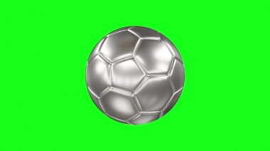 Gümüş bir topun 3d render. Yeşil ekranda dönen gümüş futbol topu izole arka plan. Renk Anahtarı. Sorunsuz döngü animasyonu