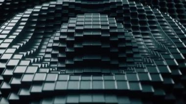 3d render. Dalga hareketinde koyu plastik kübik yüzey. Yukarı ve aşağı hareket eden küplerin soyut sorunsuz döngü 3d animasyon.