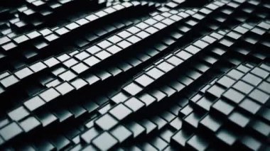 3d render. Dalga hareketinde koyu plastik kübik yüzey. Yukarı ve aşağı hareket eden küplerin soyut sorunsuz döngü 3d animasyon.