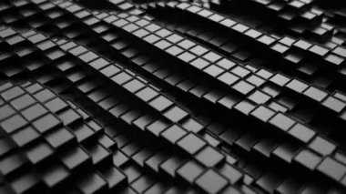 3d render. Dalga hareketinde koyu plastik kübik yüzey. Yukarı ve aşağı hareket eden küplerin soyut sorunsuz döngü 3d animasyon.