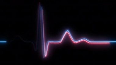Siyah izole edilmiş arka planda neon kalp atışı. 4k dikişsiz döngü animasyonu. Arkaplan kalp atışı çizgisi neon hafif kalp atış hızı ekran tıbbi araştırma