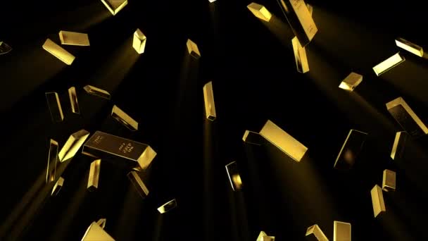 Barras de oro cayendo en cámara lenta sobre fondo negro aislado. 3D renderizado, animación de bucle sin costura en 4k — Vídeo de stock