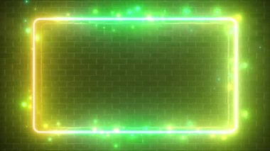 Dikdörtgen neon bir tuğla yansıtıcı yüzeyin arka planda parlak parlak formu. Modern ultraviyole floresan ışık spektrumu. Dikişsiz döngü 4k 3d render yeşil sarı